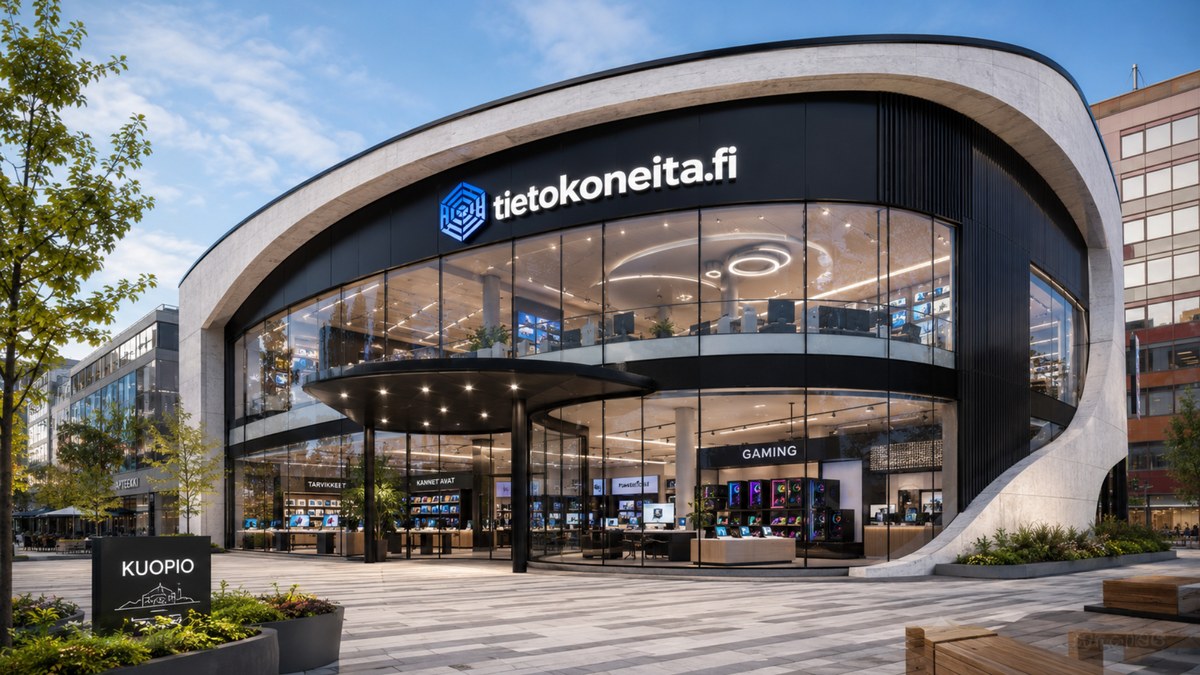 Kuvituskuva modernista Tietokoneita.fi-tietokonekaupasta Kuopion ostajille, käytetyistä kannettavista tietokoneista, käytetyistä tietokoneista ja tunnetuista kannettavamerkeistä